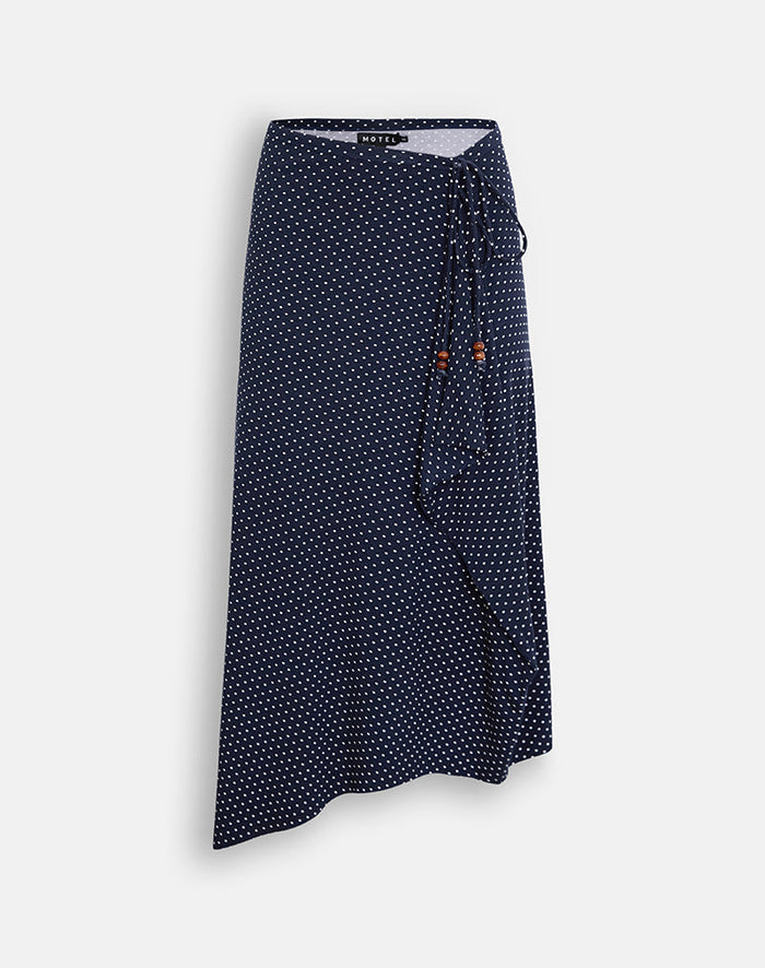 Image of Phemia Maxi Skirt with Beads in Jersey Navy with Micro Polka Print