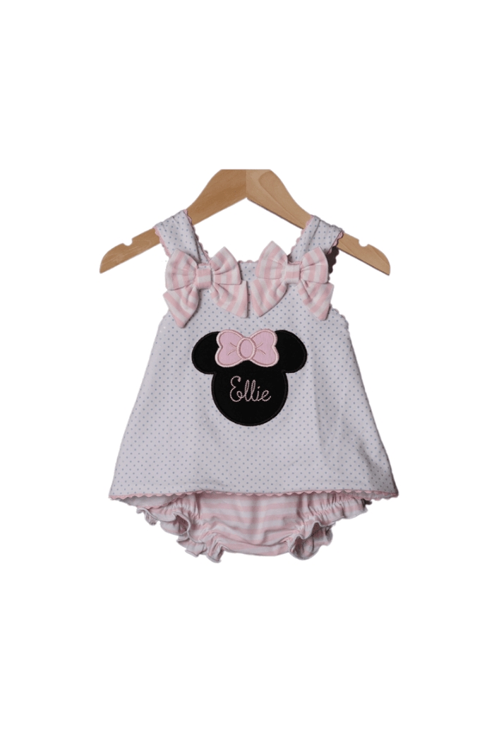 The Smocked Flamingo Pink Mouse Applique Bow Bloomer Set