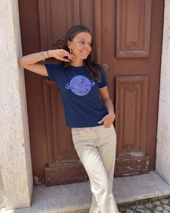 PLANET DISCO (violet), BABY TEE - NAVY