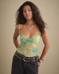 Image of Ranita Ruffle Trim Cami Top in Green Blurred Jungle with Turquoise Rose