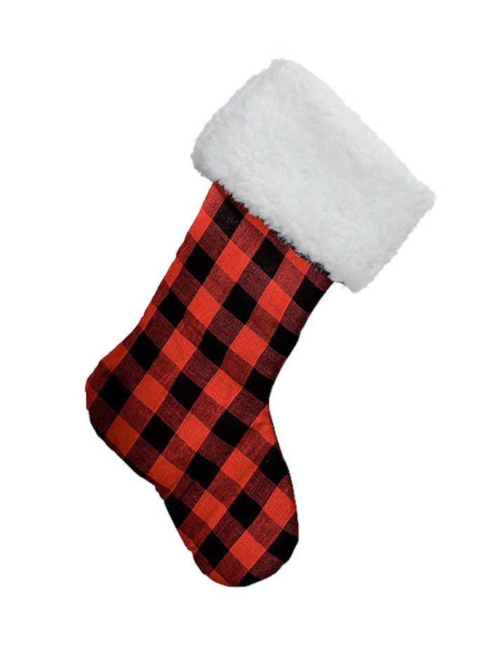 Red Black Buffalo Check with White Fur Christmas Stocking