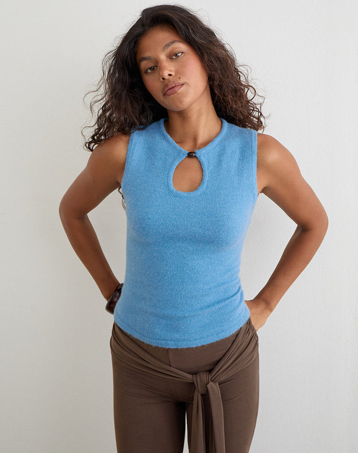 Image of Reita Keyhole Top with Bead in Knit Blue