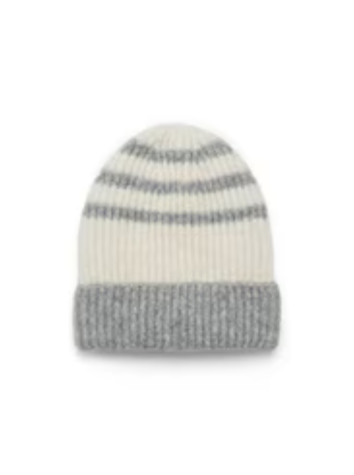 Ribbed Beanie - White and Grey  Stripes