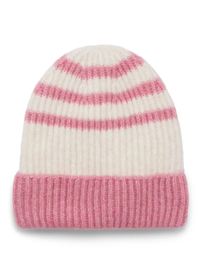 Ribbed Beanie - White and Pink Stripes
