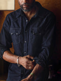 Black sawtooth pearl snap in reverse black indigo nep