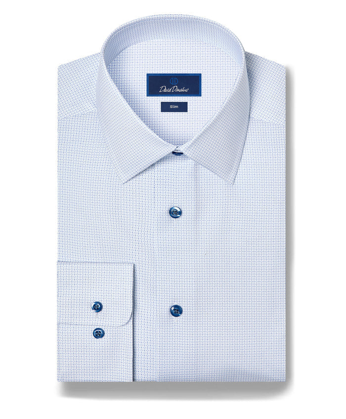 SBSP13005135 | White & Blue Micro Geometric Print Stretch Dress Shirt