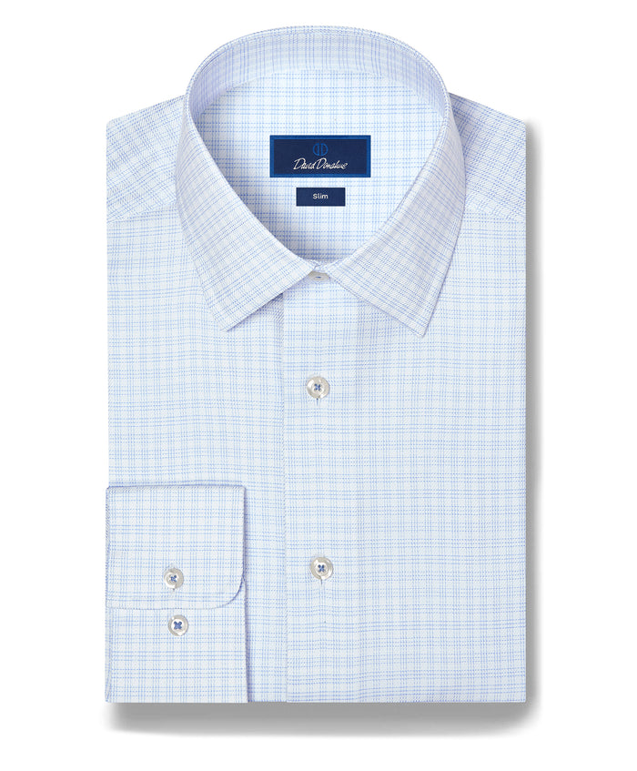 SBSP13819136 | White & Sky Twill Check Stretch Dress Shirt