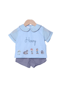 The Smocked Flamingo Shadow Embroidered Cowboy Friends Swiss Dot Short Set