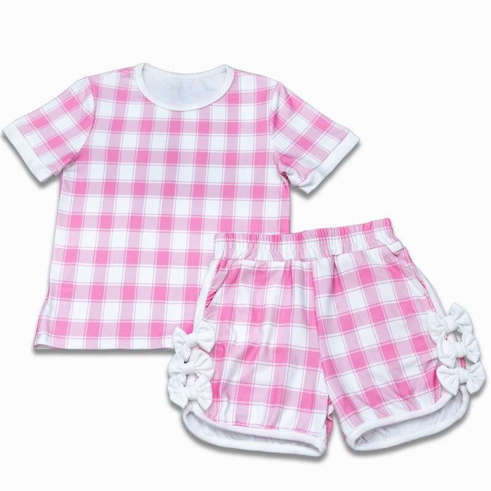 Short Sleeve Lounge Set - Pink Gingham - Sugar Bee Clothing