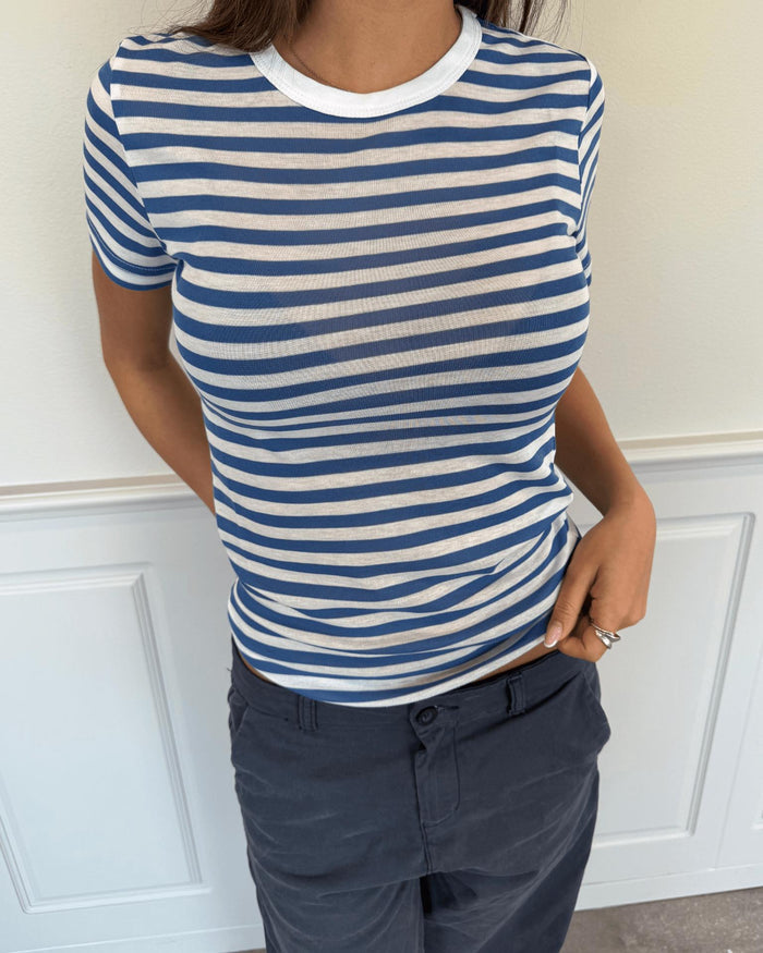 SIDSE KORTÆRMET T-SHIRT - WHITE/BLUE STRIPE