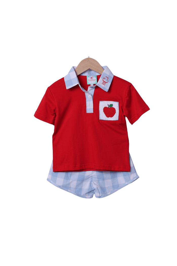 The Smocked Flamingo Apparel & Accessories Smocked Apple Red/Blue Gingham Polo Short Set