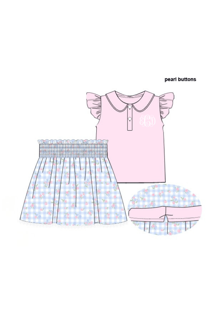 The Smocked Flamingo Apparel & Accessories Pre-Order Smocked Blue Gingham Floral Skort Set