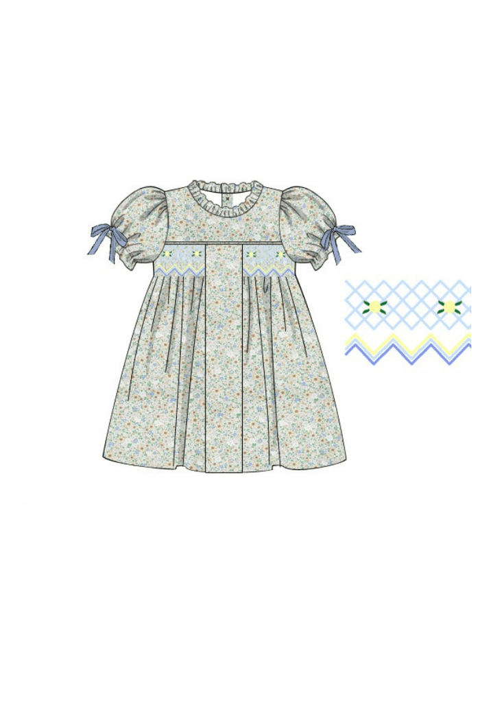 The Smocked Flamingo Apparel & Accessories Pre-Order Smocked Heirloom Blue Velvet Floral Dress