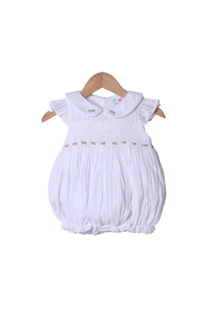 The Smocked Flamingo Apparel & Accessories Smocked Heirloom Floret White Linen Bubble