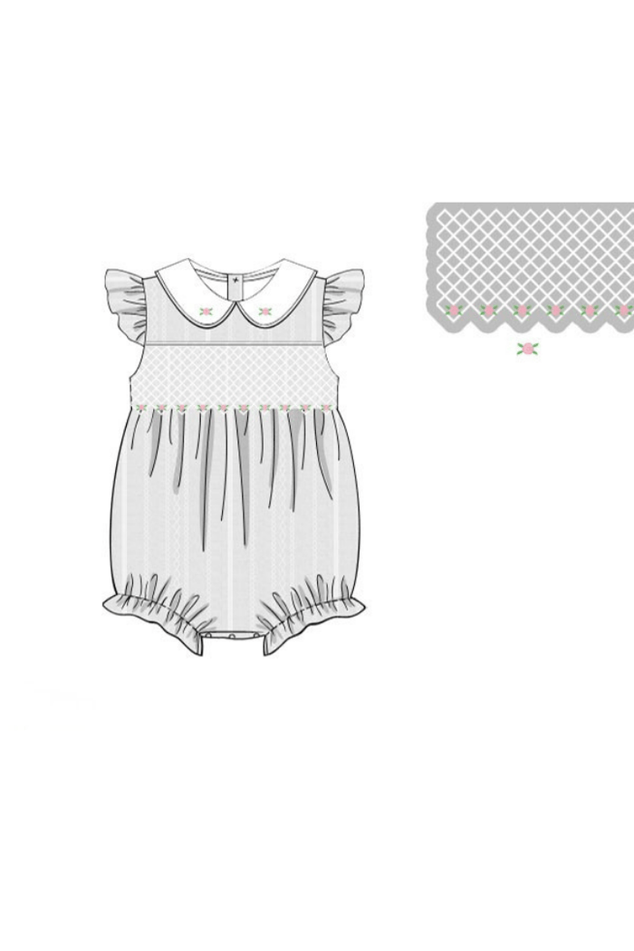 The Smocked Flamingo Apparel & Accessories Pre-Order Smocked Heirloom Floret White Linen Bubble