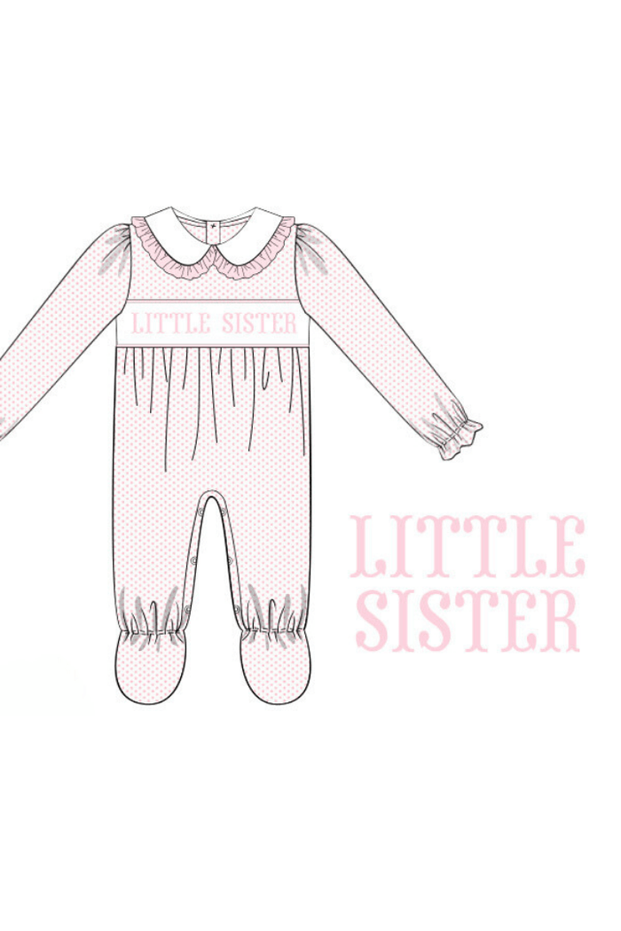 The Smocked Flamingo Pre-Order Smocked Little Sister Bitty Dot Footed Romper