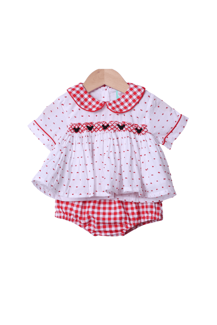 The Smocked Flamingo Apparel & Accessories Smocked Mouse Red Gingham Swiss Dot Diaper Set