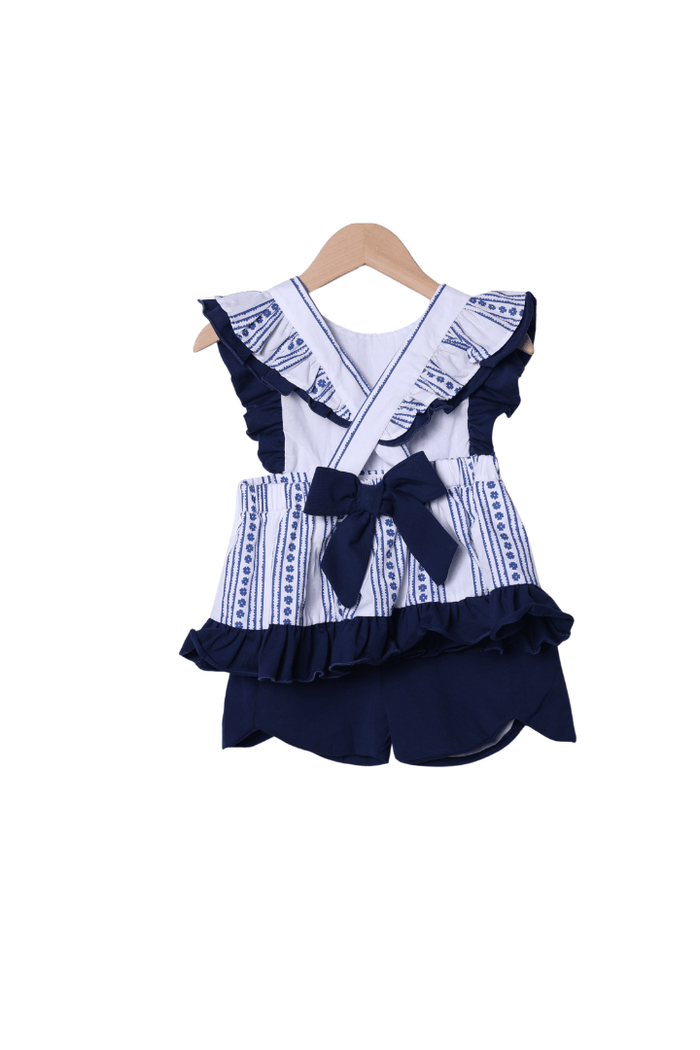 The Smocked Flamingo Apparel & Accessories Smocked Navy and White Bow Short Set