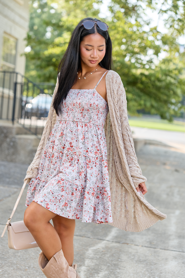 Soft Spot Taupe Floral Smocked Dress