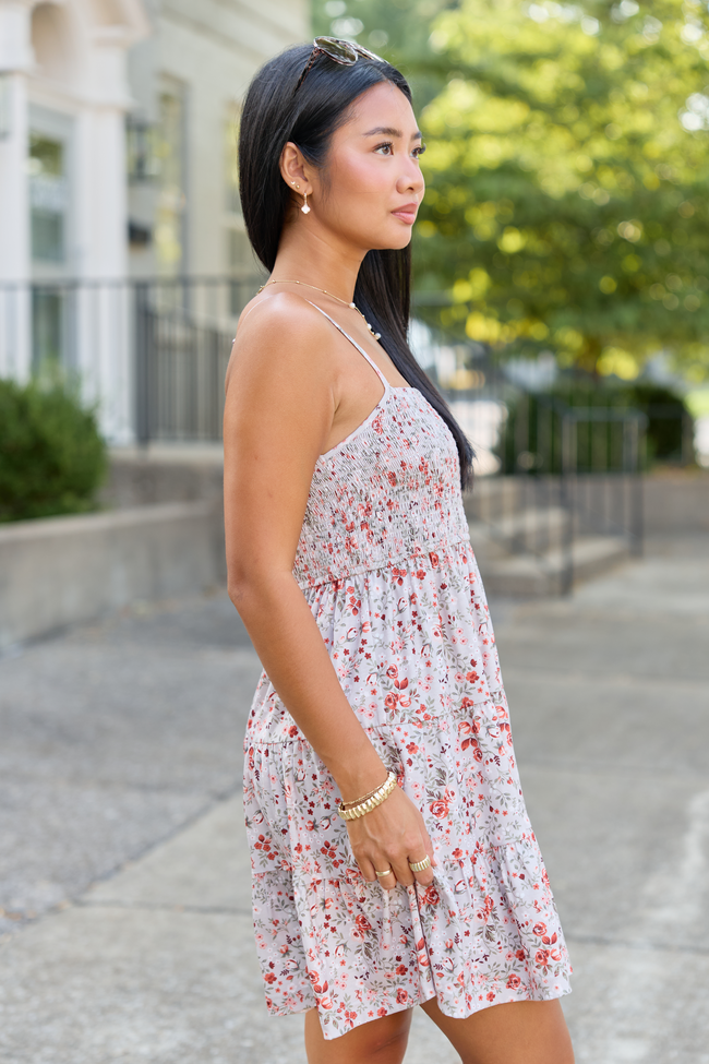 Soft Spot Taupe Floral Smocked Dress