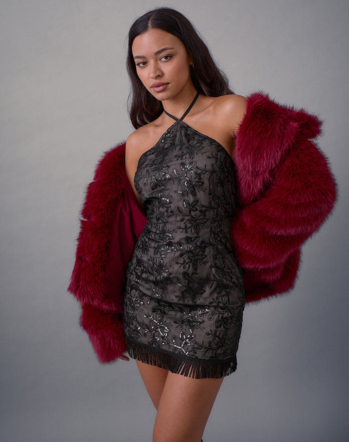Image of Soren Mini Dress in Floral Chiffon Sequin Black