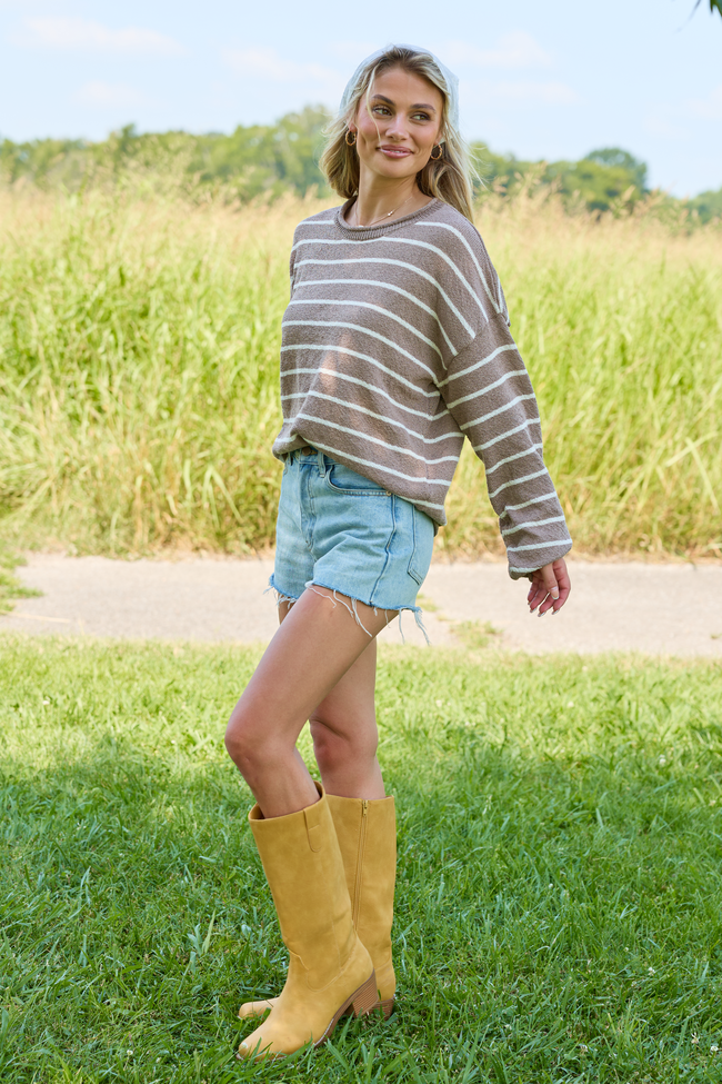 Sweet Serenity Taupe and White Striped Long Sleeve Sweater