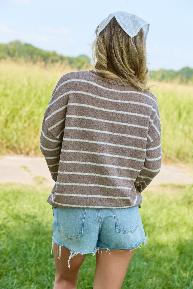Sweet Serenity Taupe and White Striped Long Sleeve Sweater
