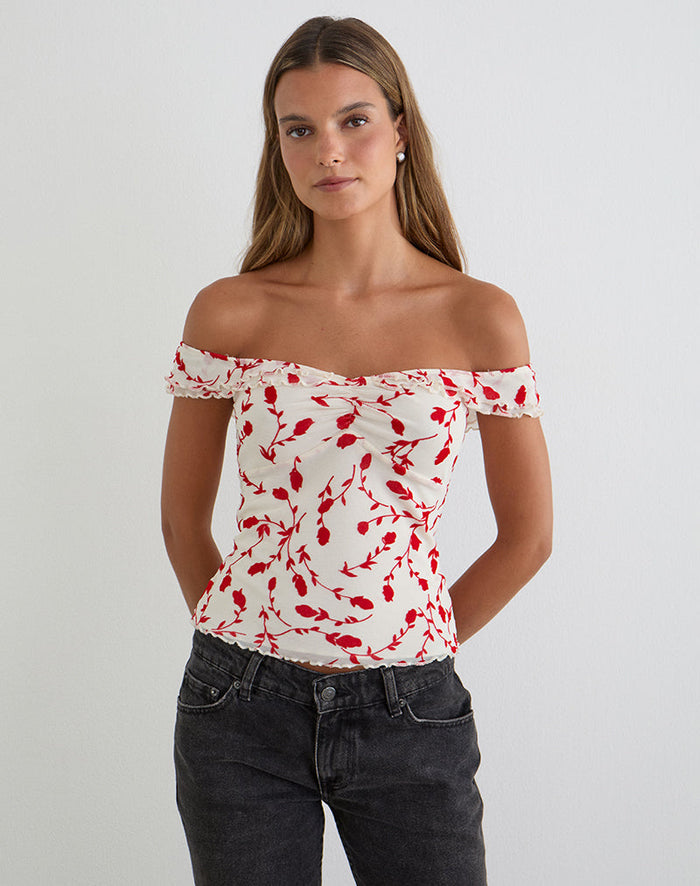 Image of Switi Bardot Top in Cream with Red Leafy Lily Flock