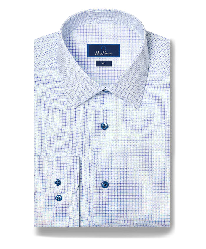 TBSP13005135 | White & Blue Micro Geometric Print Stretch Dress Shirt