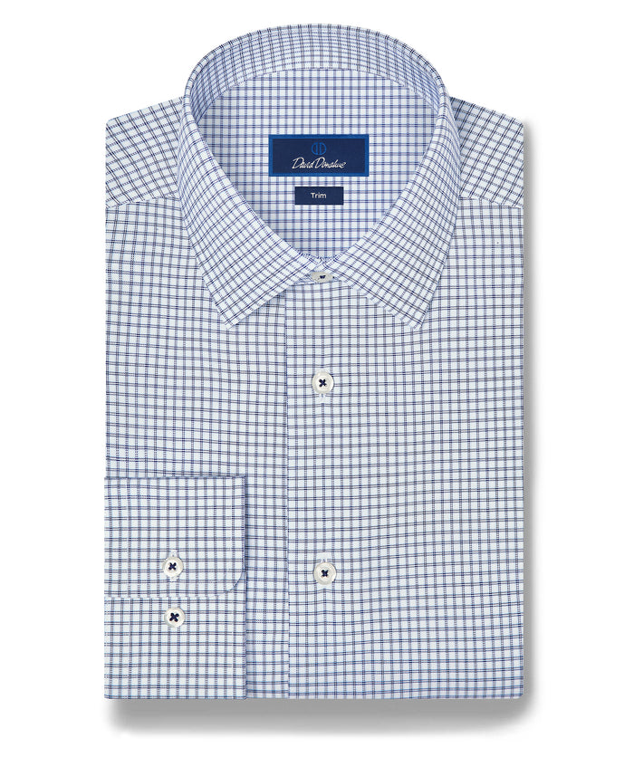 TBSP13801155 | White & Navy Twill Check Stretch Dress Shirt