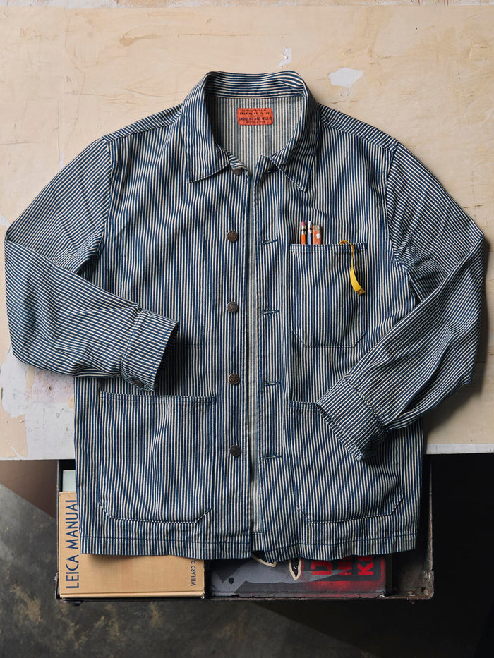 Gray the utility coat in hickory stripe