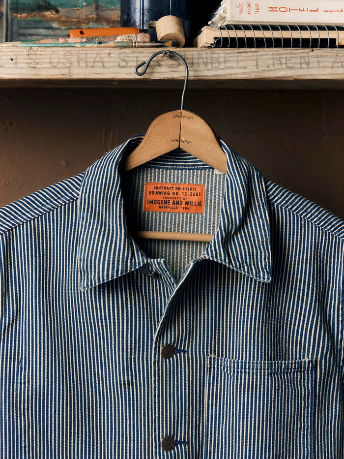 Gray the utility coat in hickory stripe