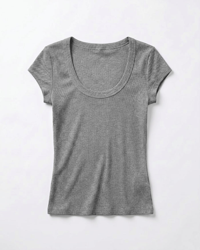 THEA KORTÆRMET T-SHIRT - LT GREY