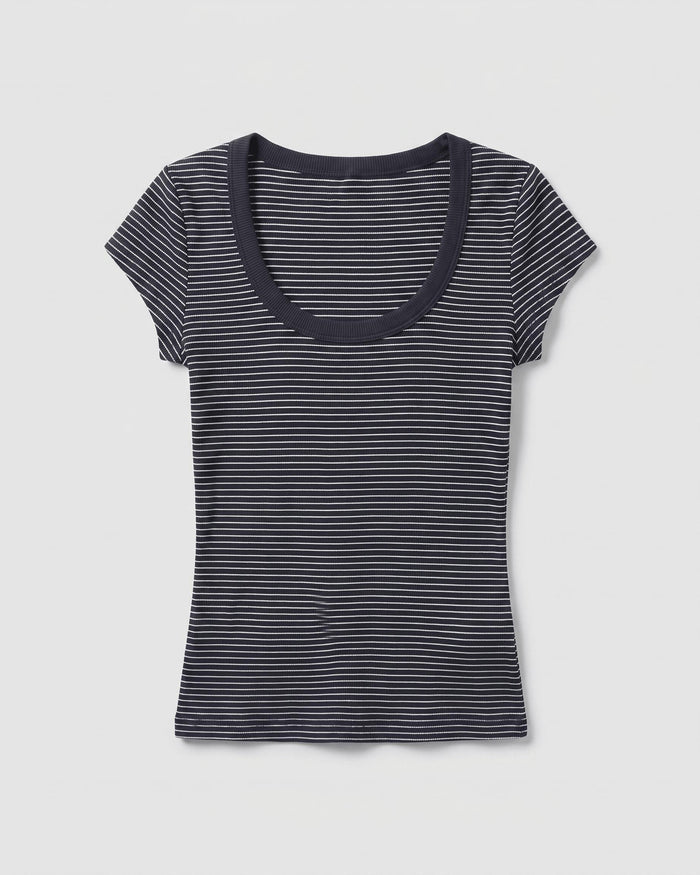THEA KORTÆRMET T-SHIRT - NAVY/WHITE STRIPE