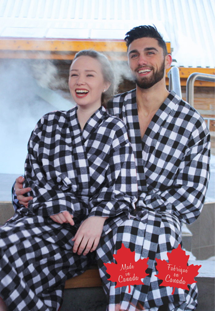 Unisex Kimono Flannel Robe in Black & White Buffalo Check
