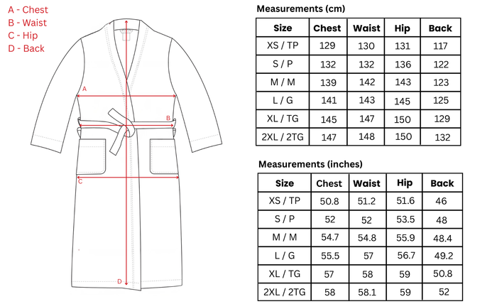 Measurement chart for a robe with size chart in centimeters and inches.
