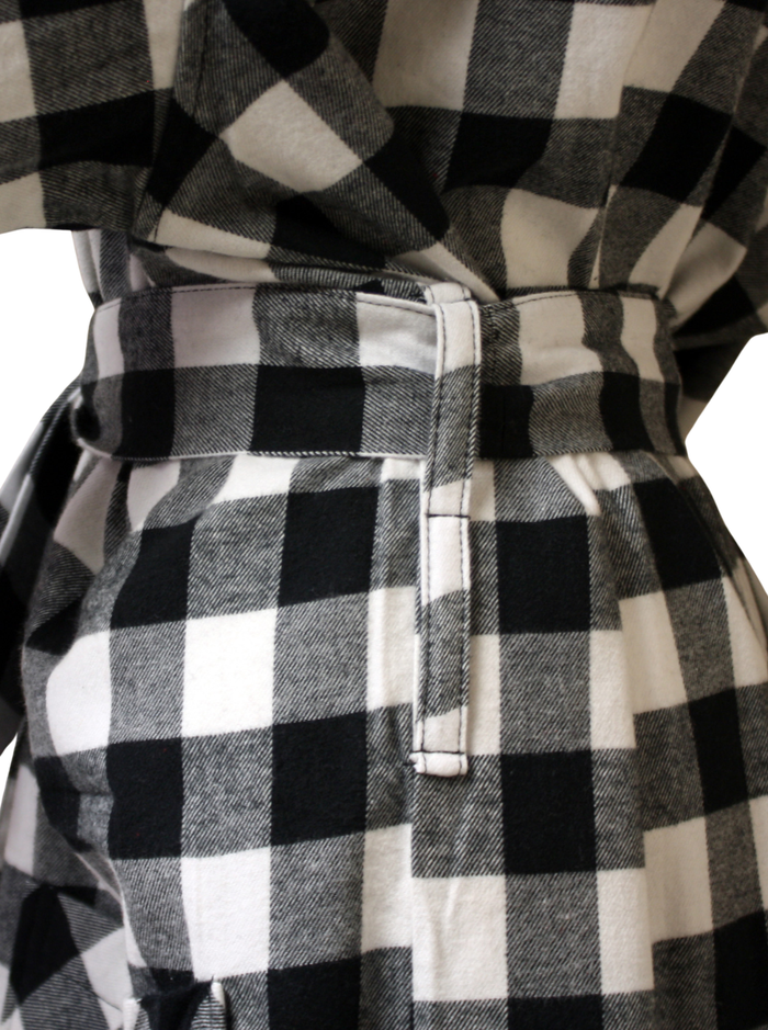 Unisex Kimono Flannel Robe in Black & White Buffalo Check
