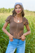 Wild Honey Brown Smocked Puff Sleeve Top
