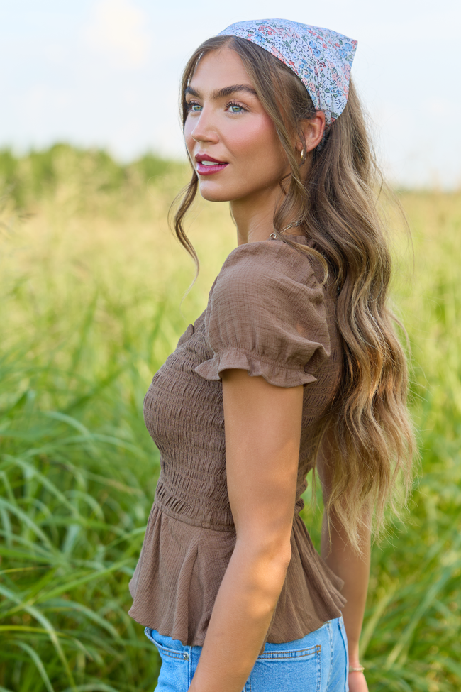 Wild Honey Brown Smocked Puff Sleeve Top