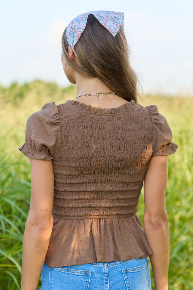 Wild Honey Brown Smocked Puff Sleeve Top
