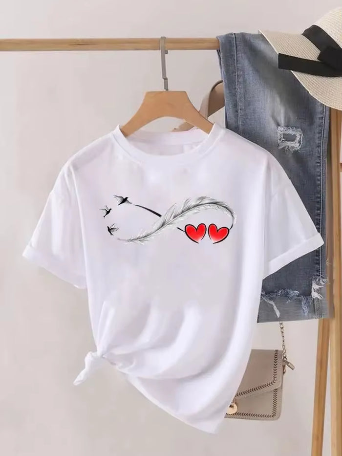 Women's Casual Short Sleeve Graphic T-Shirt with Love Heart Feather Design