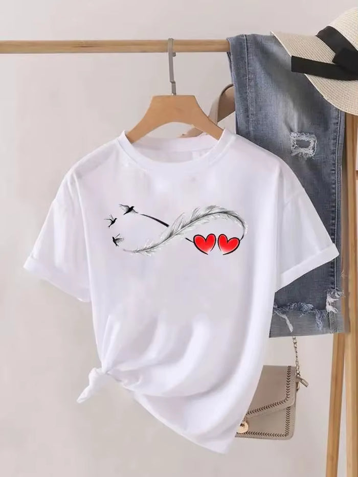 Women's Casual Short Sleeve Graphic T-Shirt with Love Heart Feather Design
