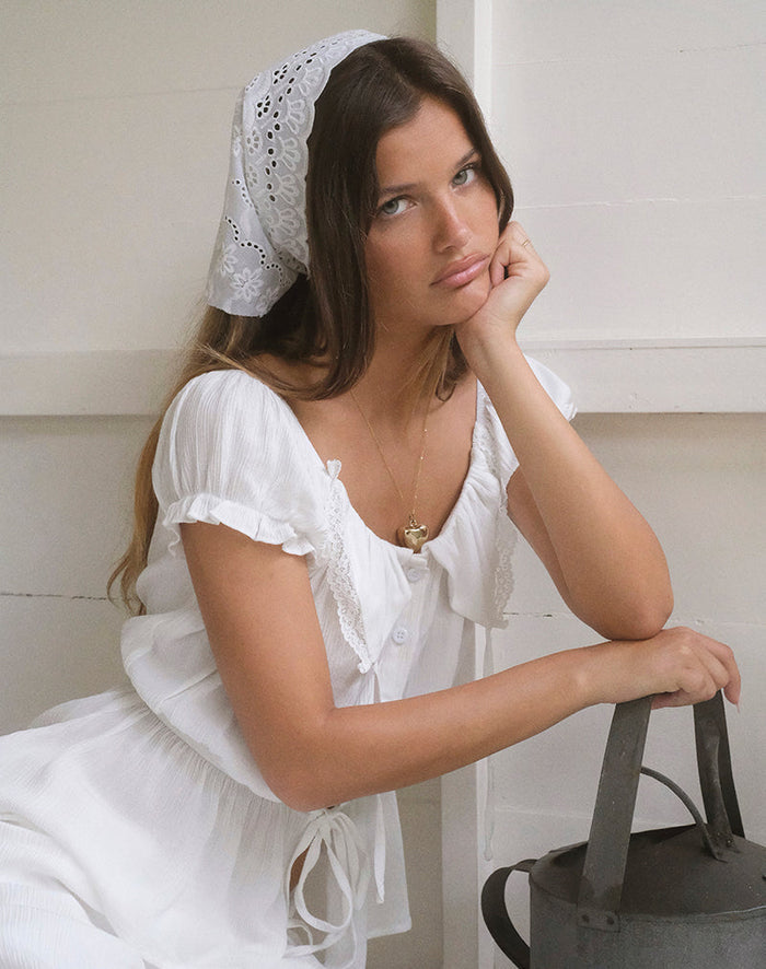 Image of Wujala Bardot Tie Waist Top in Rayon White