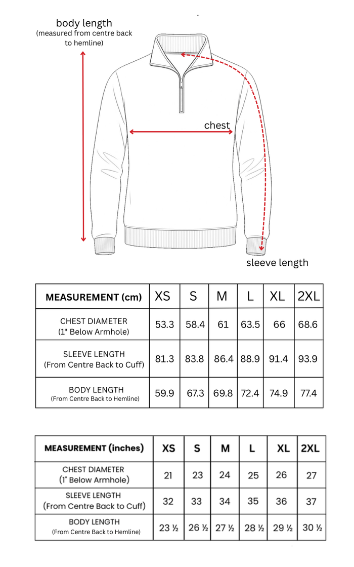 Measurement chart for a pullover with dimensions labeled
